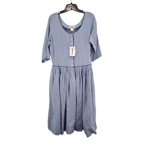 Solitaire Women's 100% Linen Vintage Button Front Midi Dress - L